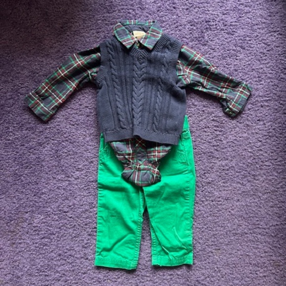 Cat & Jack 3 piece button up shirt, pants with suspenders and sweater vest- 6-9M - Picture 4 of 5